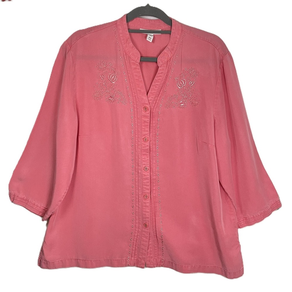 JM Collection Size 18 Rose Peony Pink Embroidered Tunic Blouse‎ Lyocell